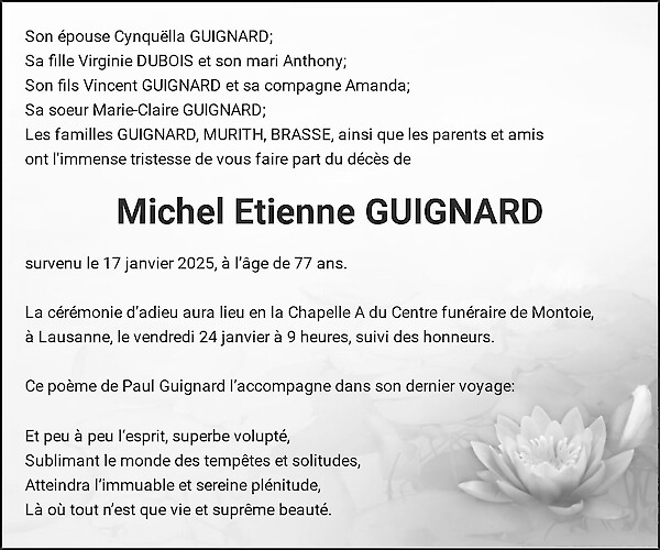 Avis de décès de Michel Etienne GUIGNARD