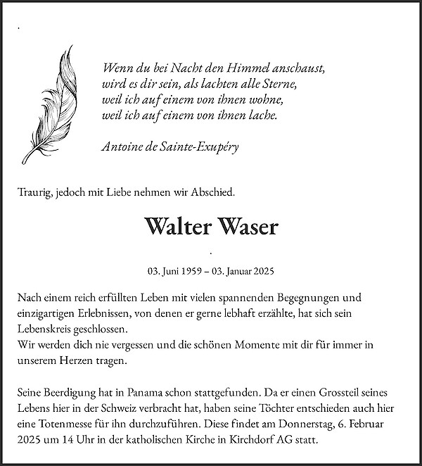 Avis de décès de Walter Waser