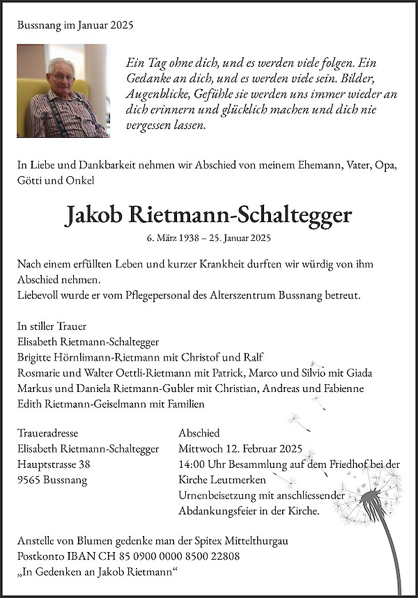 Todesanzeige von Jakob Rietmann-Schaltegger, Bussnang