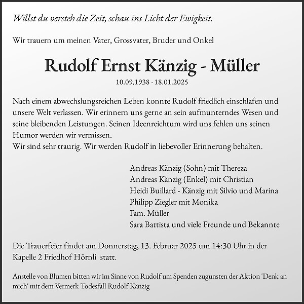 Avis de décès de Rudolf Ernst Känzig - Müller, Zürich