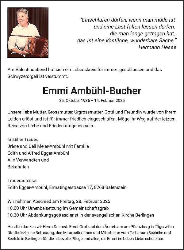 Avis de décès de Emmi Ambühl-Bucher, Berlingen