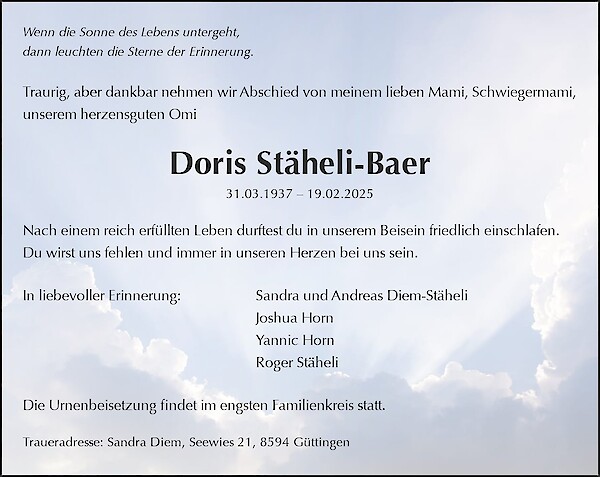 Avis de décès de Doris Stäheli-Baer