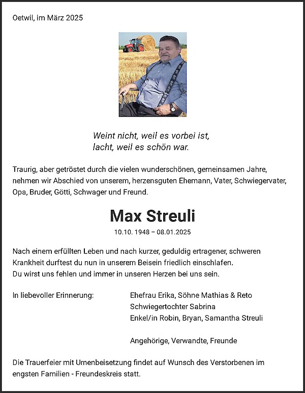 Avis de décès de Max Streuli, Oetwil am See