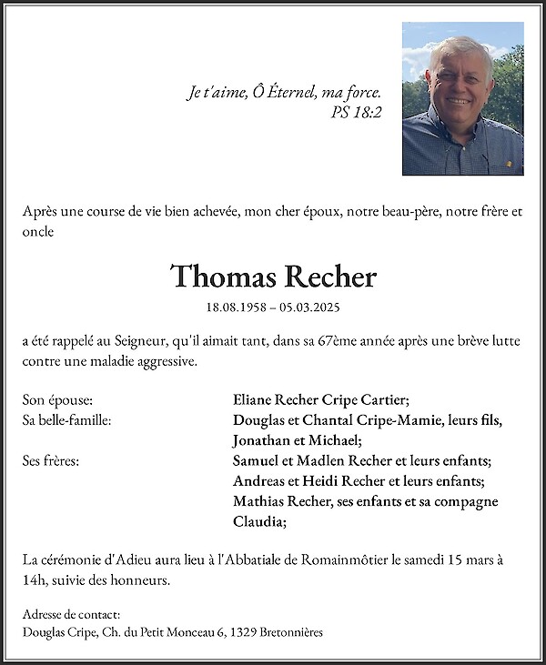 Avis de décès de Thomas Recher